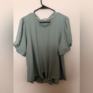 Pearl-Embellished Sage Green Tie-Hem Women's Top